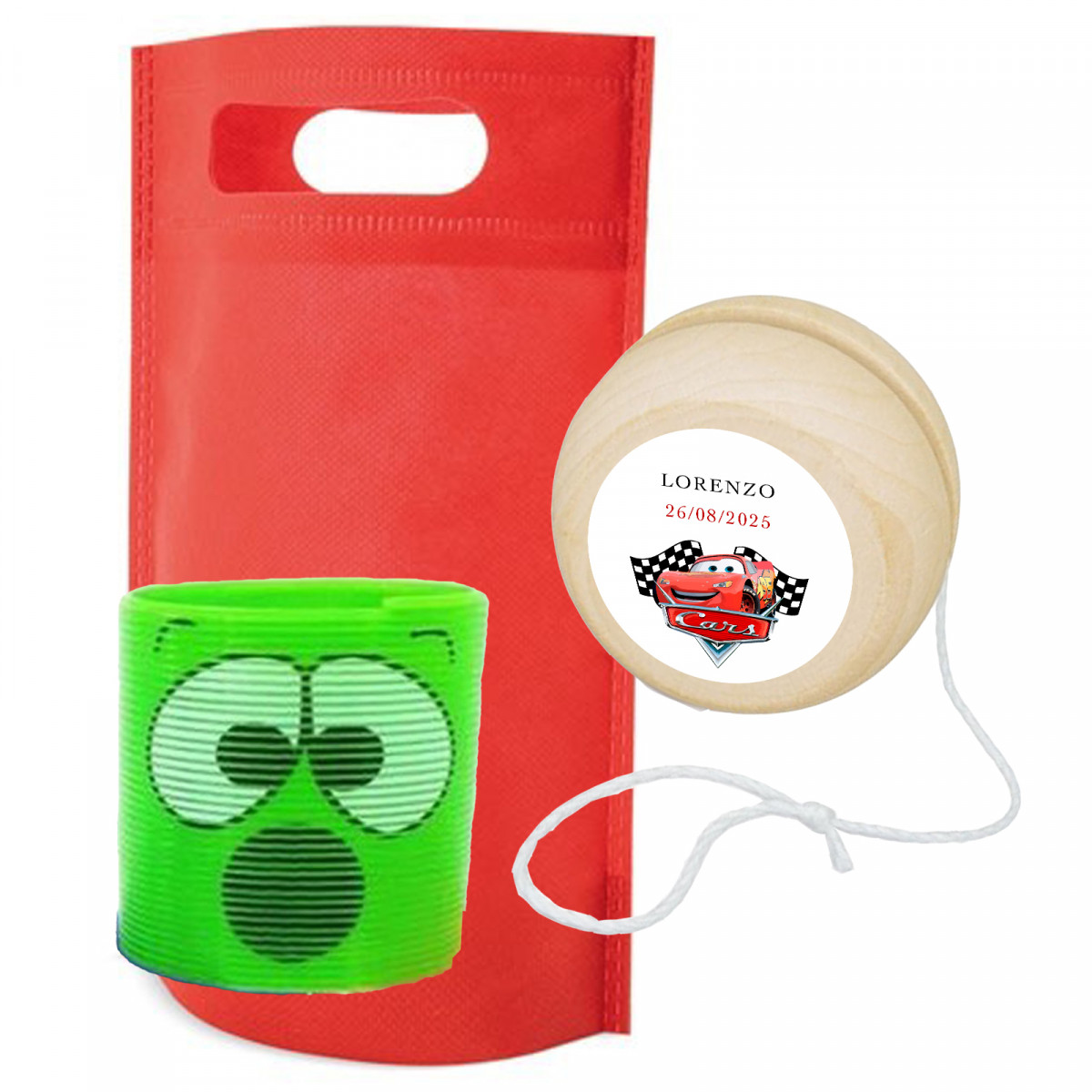 Détail d anniversaire avec ressort et yoyo personnalisé avec autocollant cars pour les fêtes d enfants