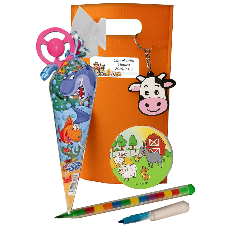 Sac avec des cadeaux pour enfants et cône de friandises avec autocollant Disney
