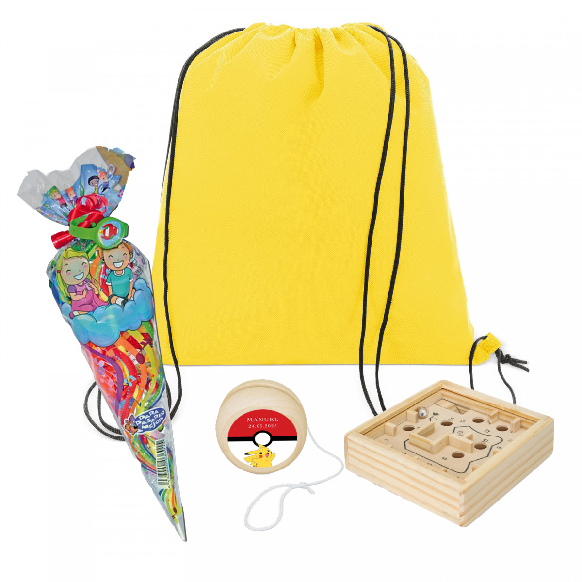 Détails Pokémon pour enfants avec sac à dos jaune, bonbons et jeux en bois