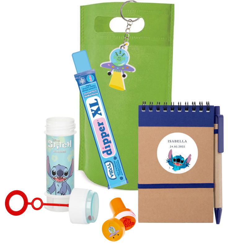 Stitch carnet pompero et porte clés spatial dans sac avec bonbons