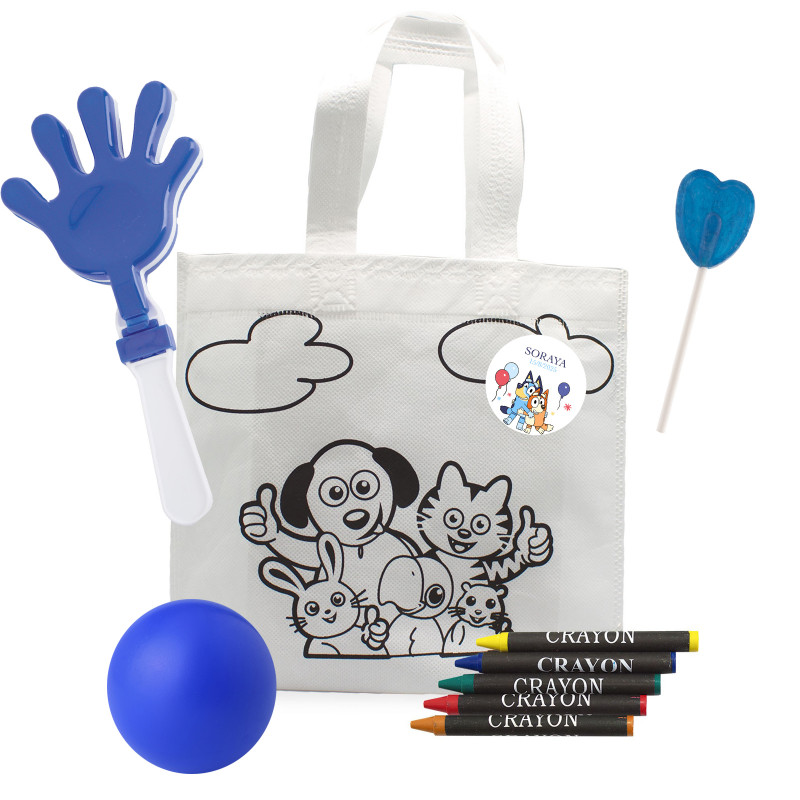 Bluey et bingo détail enfant avec sac à peindre et jouets