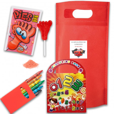 Détails voitures enfants personnalisés sac avec bonbons et set de papeterie