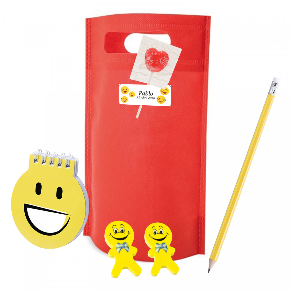 Détails emoji enfant pour événements avec bloc notes crayon et effaces