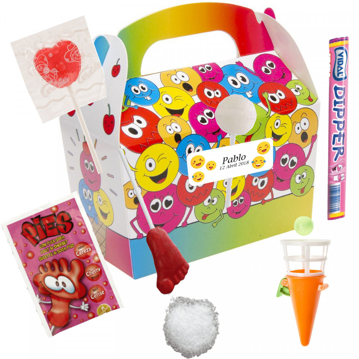 Détail enfantin avec boîte d emojis et bonbons