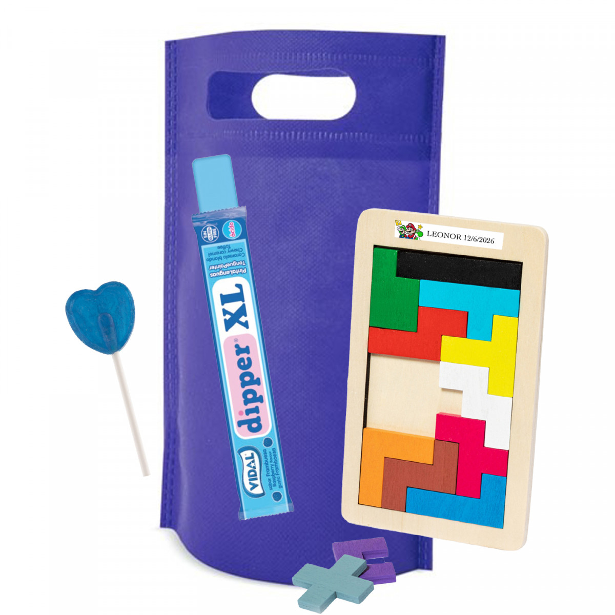 Super Mario Bros détail enfantin avec puzzle tetris et bonbons