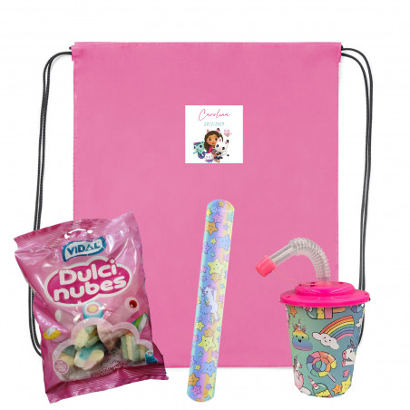 Gabby Gato détail avec sac à dos, bonbons et accessoires de licornes