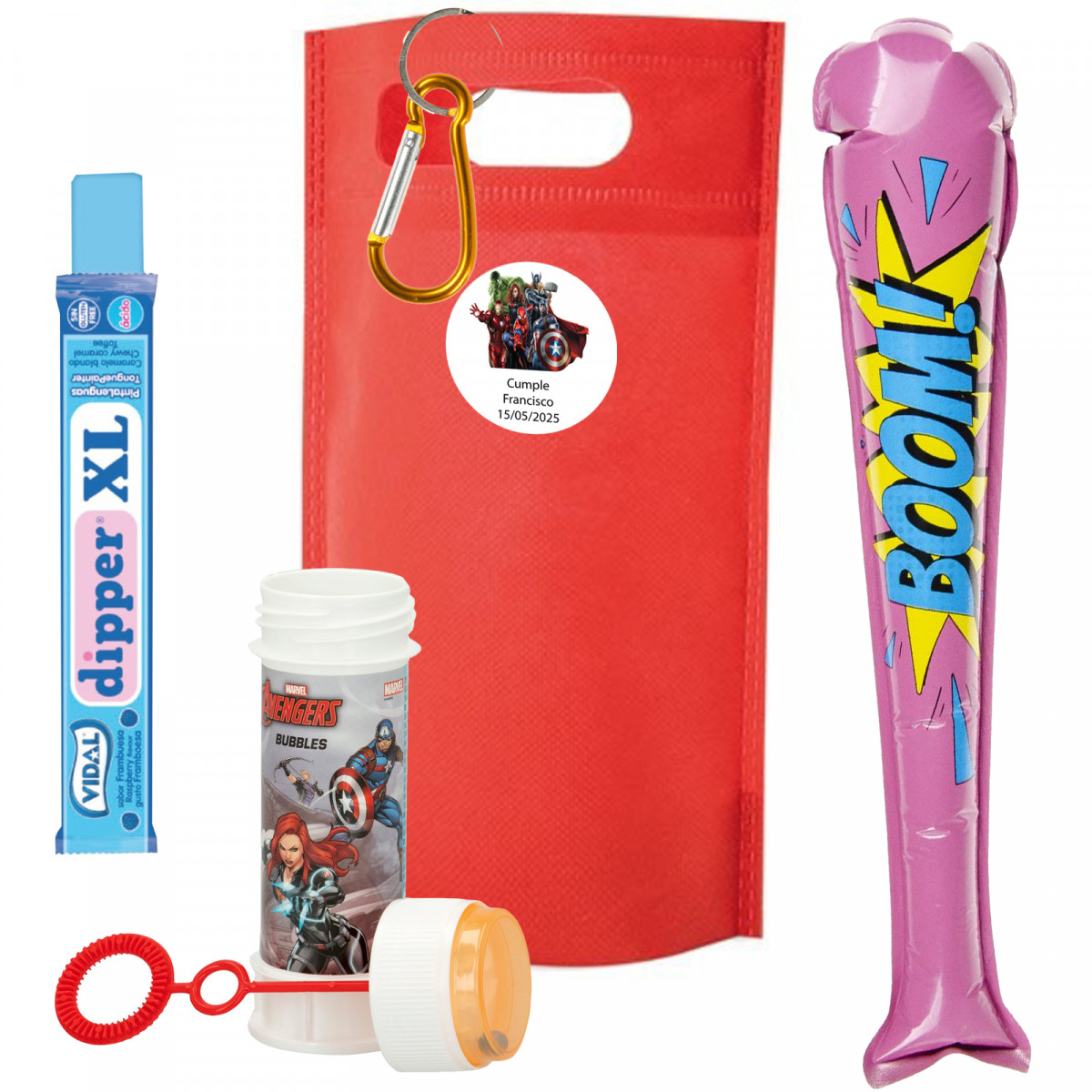 Détails Avengers pour enfants avec un souffleur de bulles, une batte et une friandise.