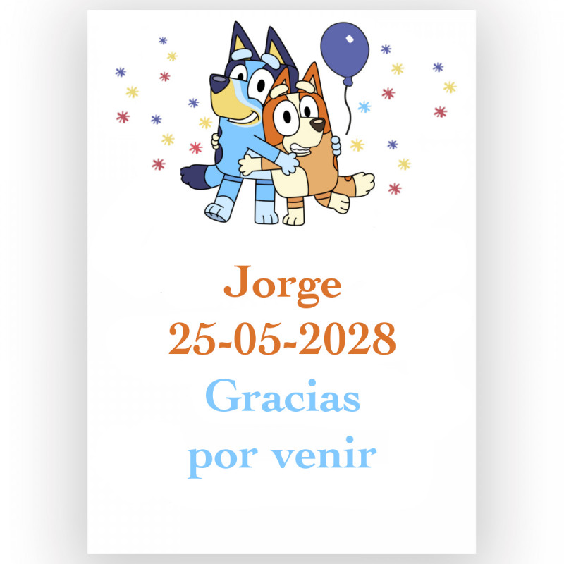 Bluey et Bingo, étiquette adhésive 5x7cm avec fond blanc pour événements enfants