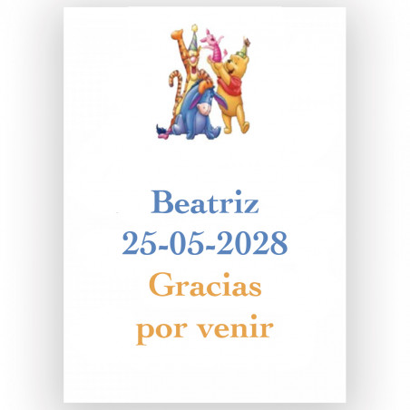 Winnie de Pooh, étiquette adhésive pour événements infantiles 5x7cm