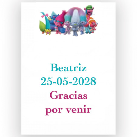 Trolls, autocollant avec des champs de texte éditables 7x5 cm fond blanc