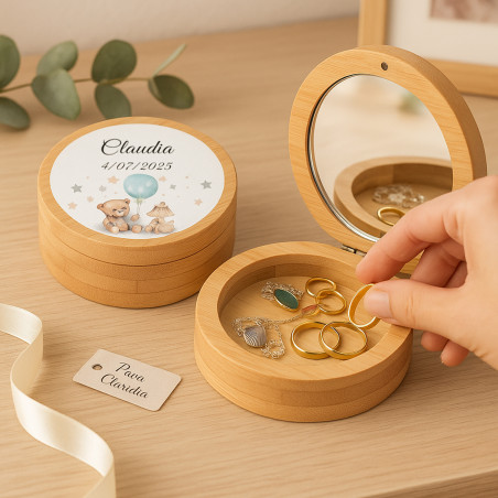 Boîte à bijoux en bambou avec miroir personnalisé avec autocollant pour baptêmes