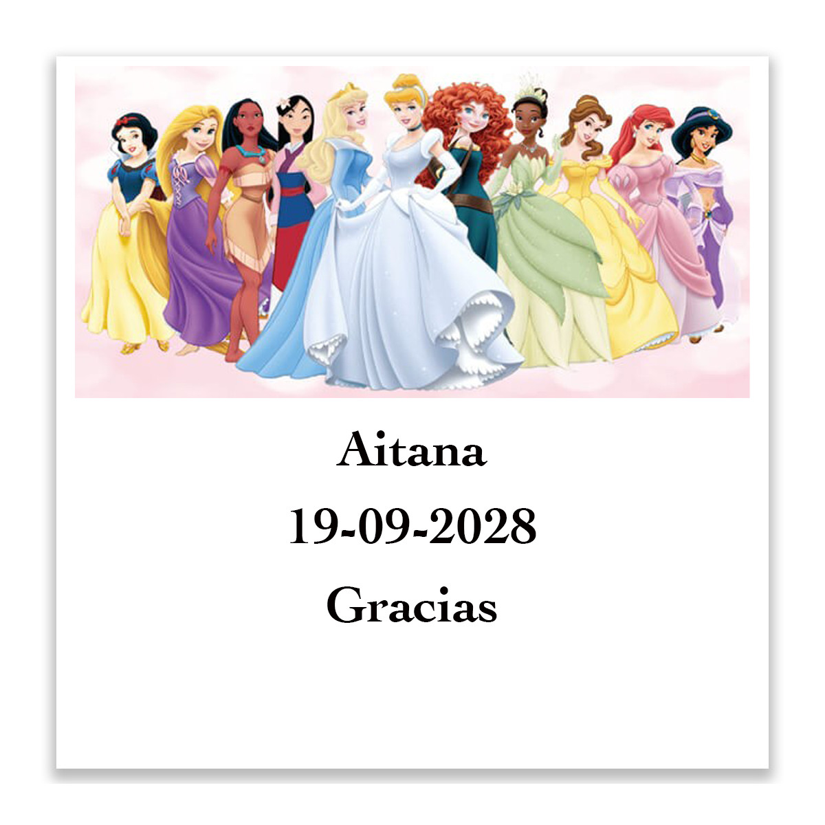 Princesses, autocollant personnalisé 5x5 cm avec texte et fond blanc