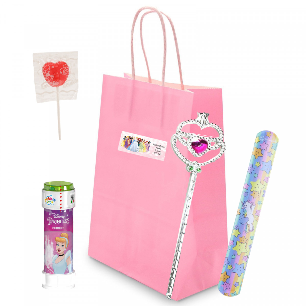 Détails pour enfants des Princesses Disney avec une baguette à bulles et une sucette.