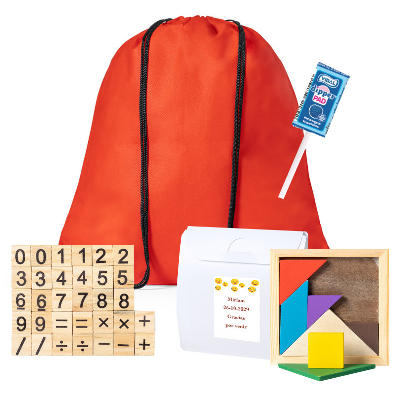 Emojis sac à dos avec des cadeaux en bois et bonbons