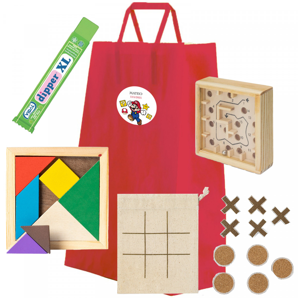 Pack éducatif Super Mario Bros avec des jeux en bois et des bonbons