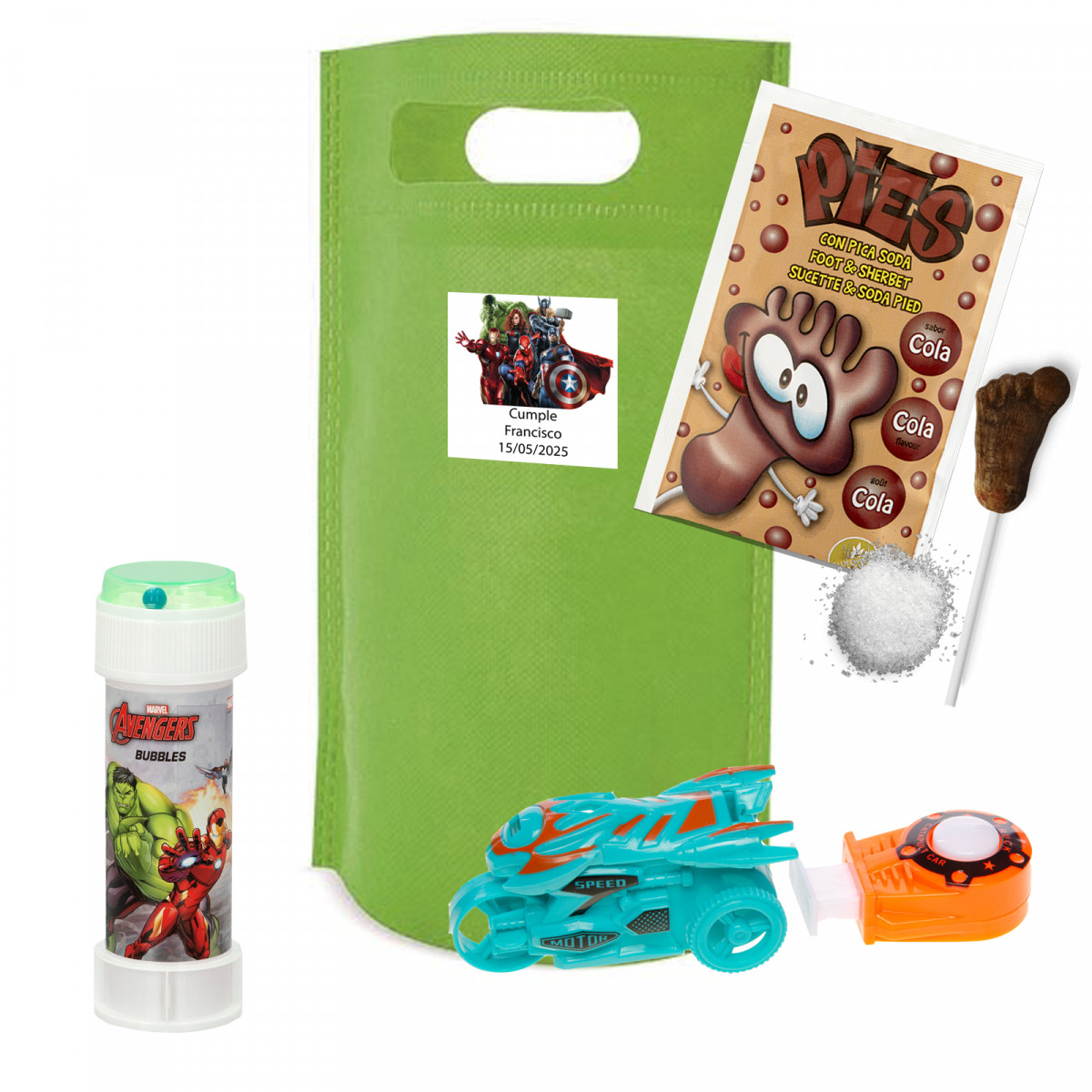 Set d'anniversaire Avengers avec bulles de savon, jouet et bonbon
