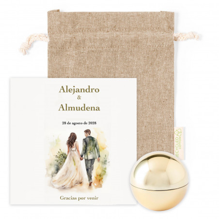 Baume à lèvres doré avec carte de remerciement dans un sac en tissu pour les cadeaux de mariage