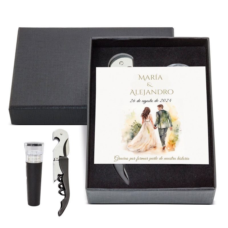 Étui avec bouchon et tire-bouchon dans une boîte avec carte personnalisée pour les détails de mariage