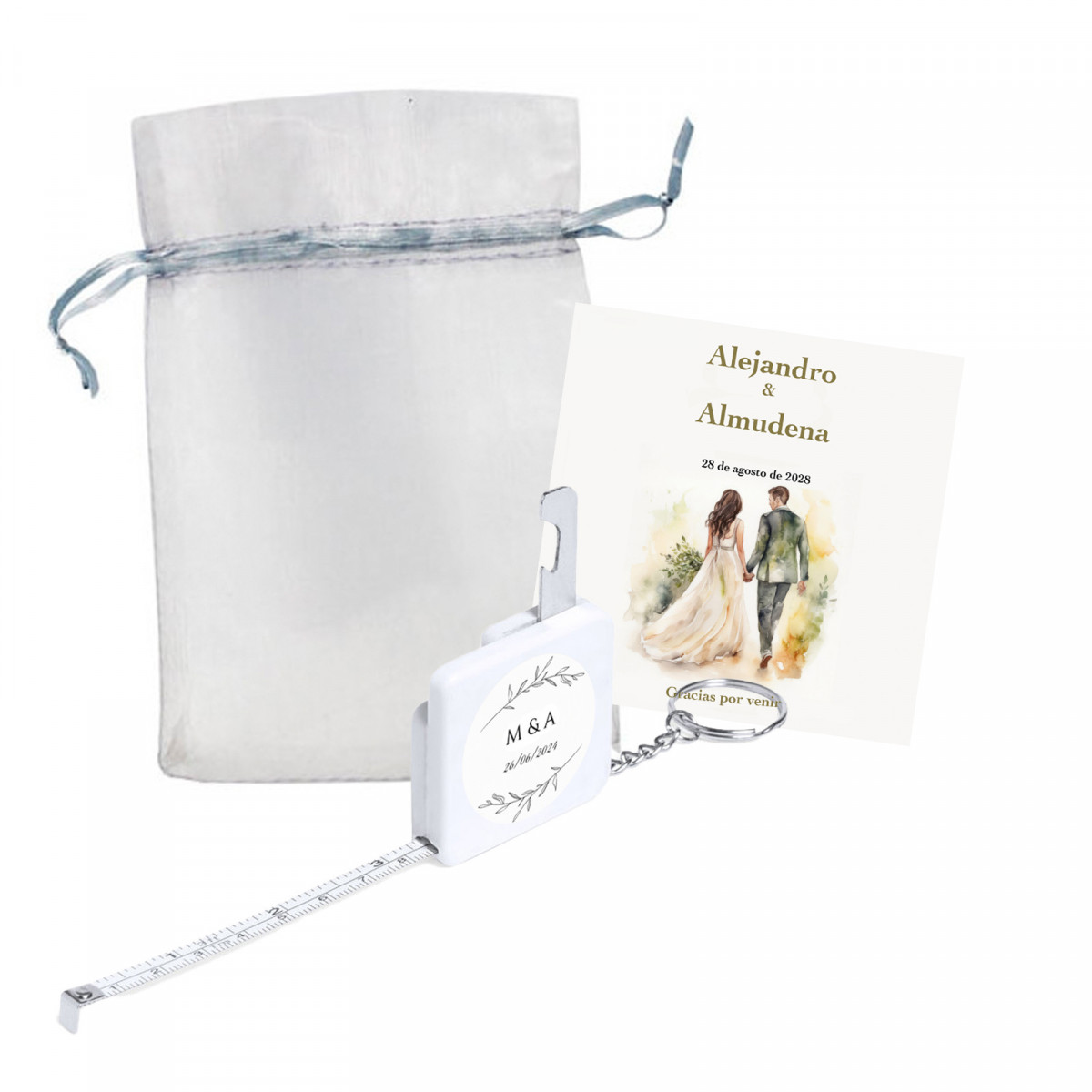 Porte-clés ouvre-bouteille et mètre personnalisé avec carte de remerciement dans un sachet en organza pour les détails de