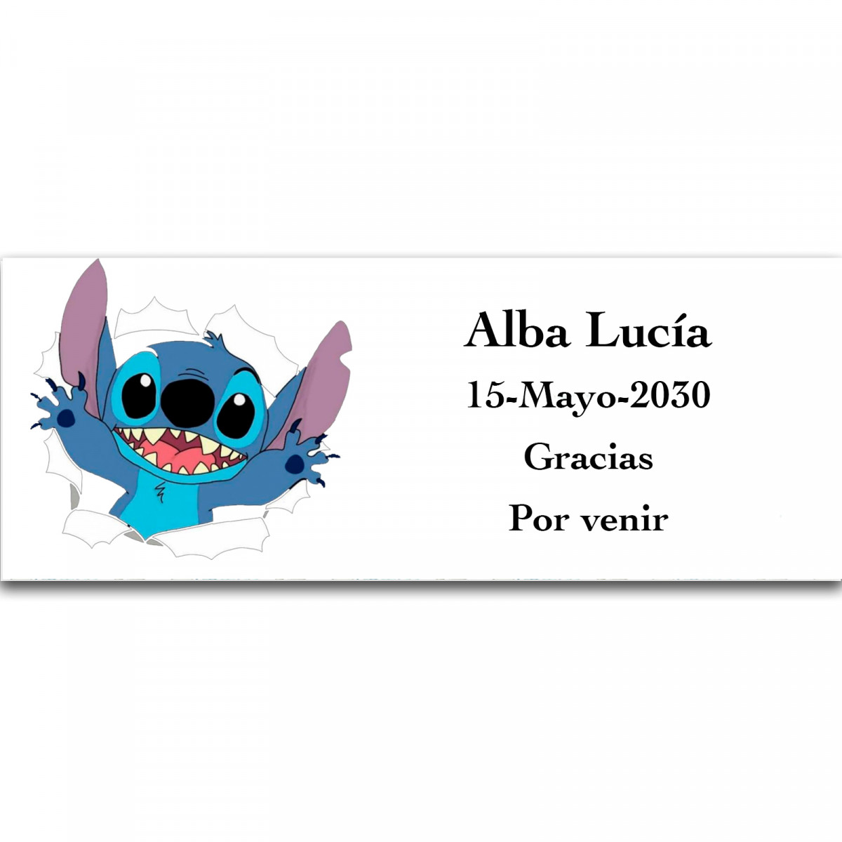 Stitch, étiquette adhésive personnalisée avec textes modifiables 13x5cm