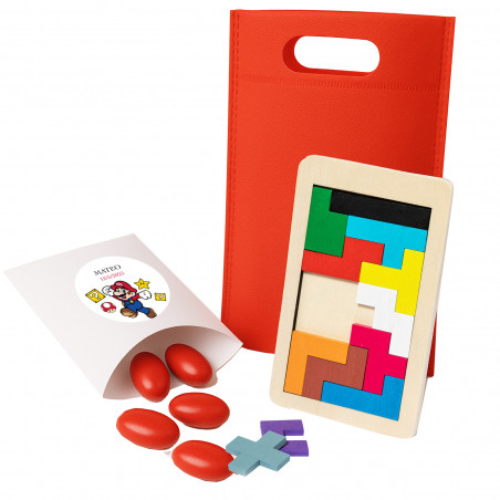 Súper Mario Bros, Puzzle Tetris en bois et boîte avec dragées rouges personnalisées