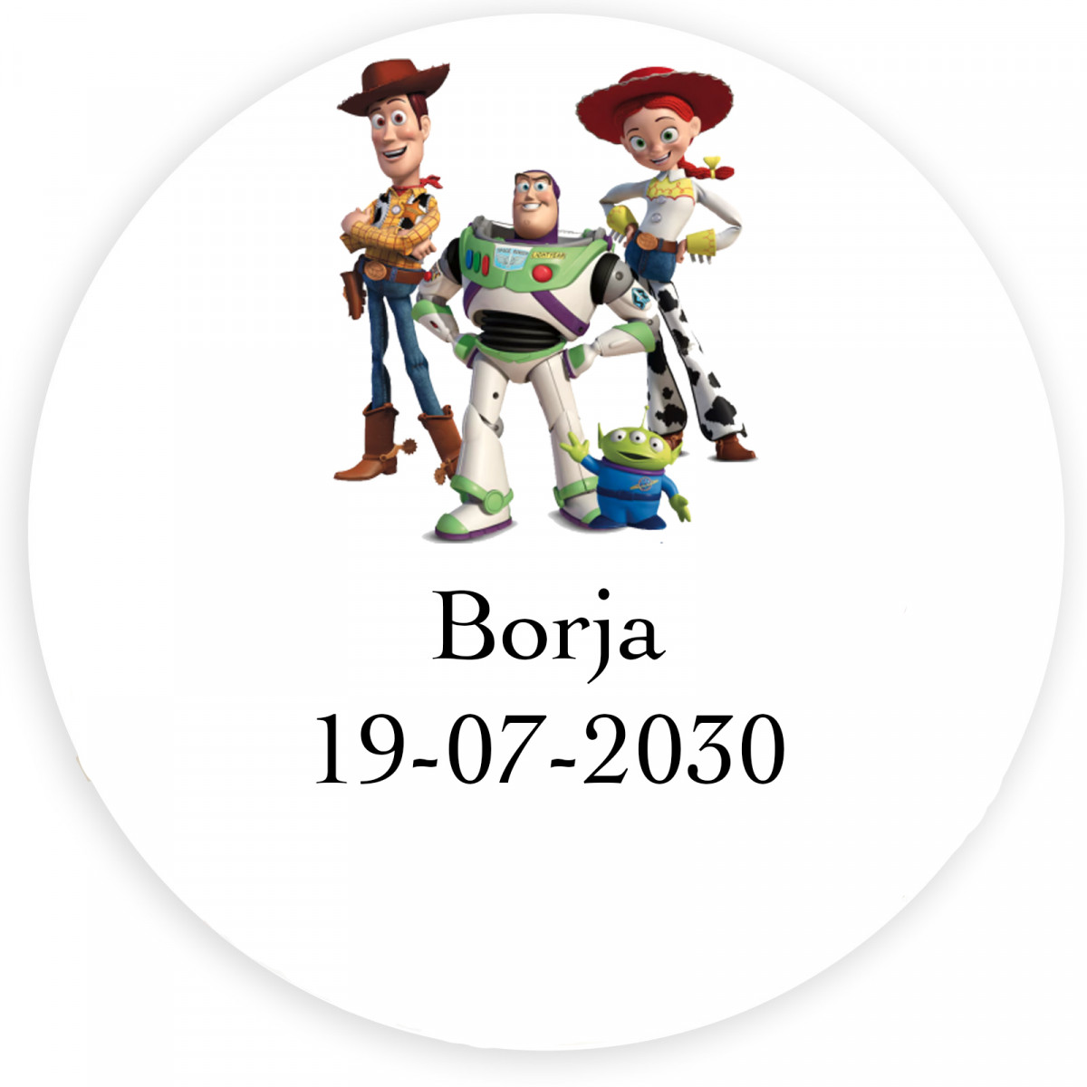 Adhésif Toy Story personnalisé original avec fond blanc et 5 cm