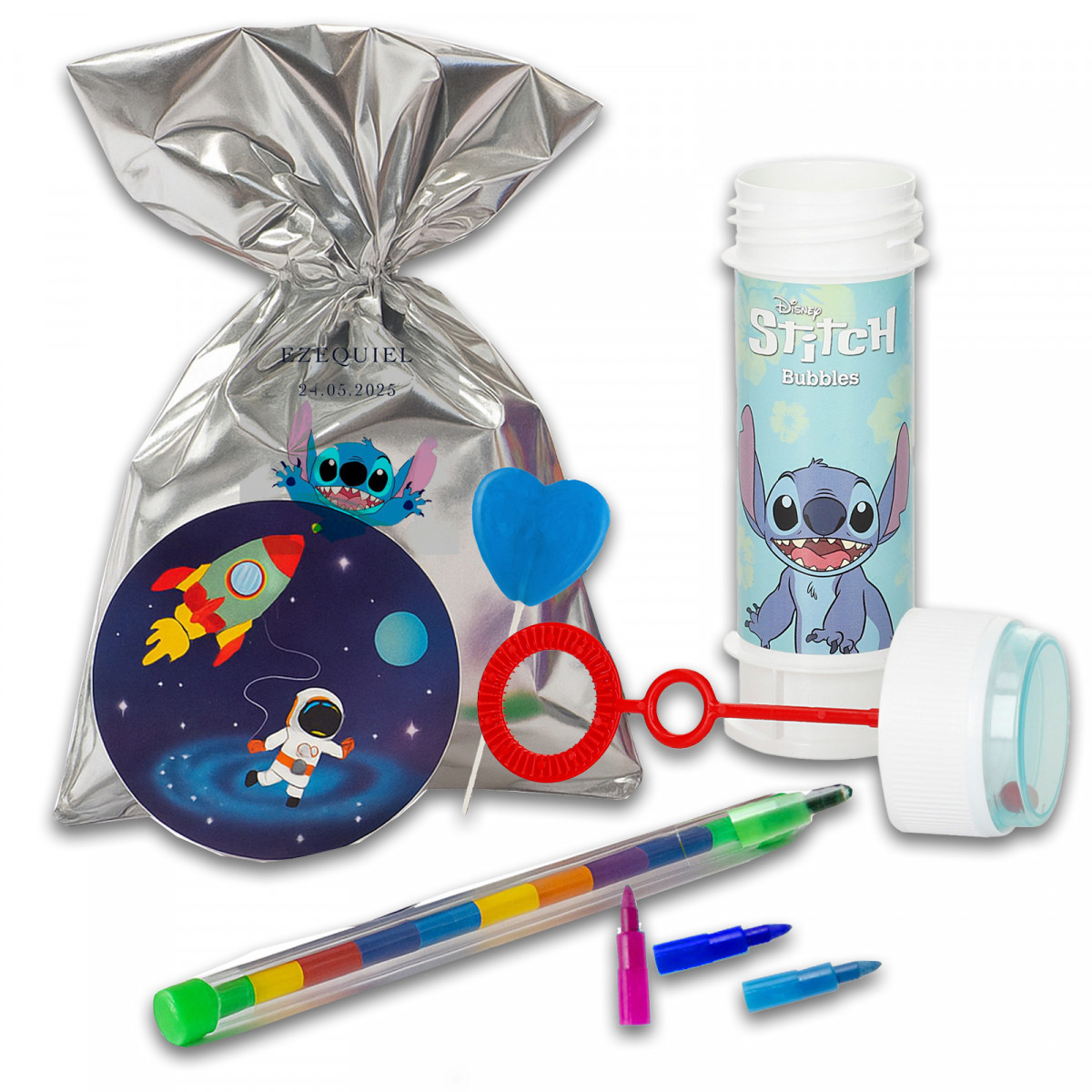 Stitch sac surprise avec bulleur accessoires de papeterie et sucette langue peinture