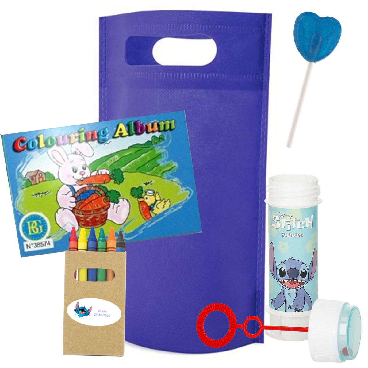 Cadeau enfant personnalisé stitch avec livre à bulles et bonbon