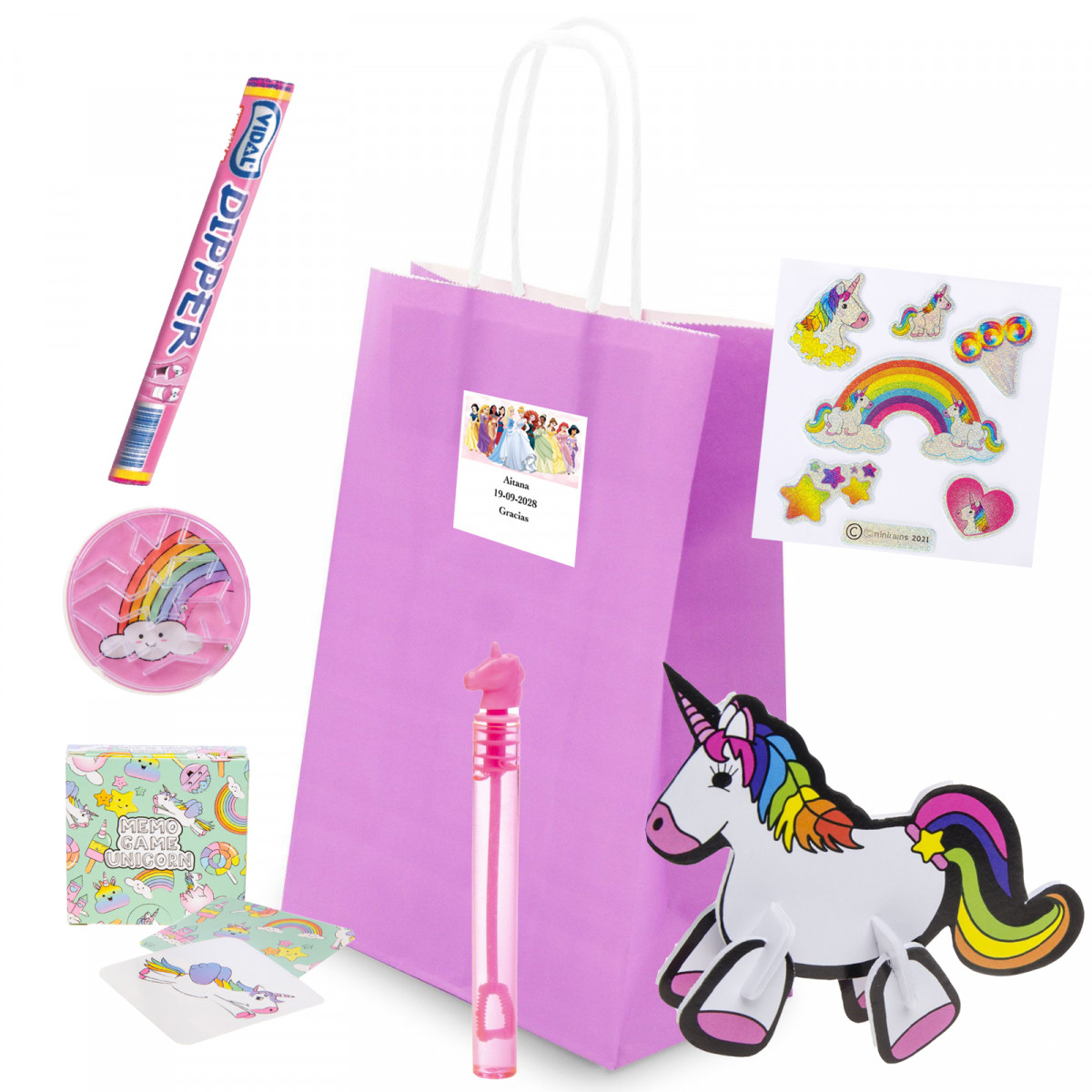 Cadeau thématique de princesses avec des licornes jeux et douceurs