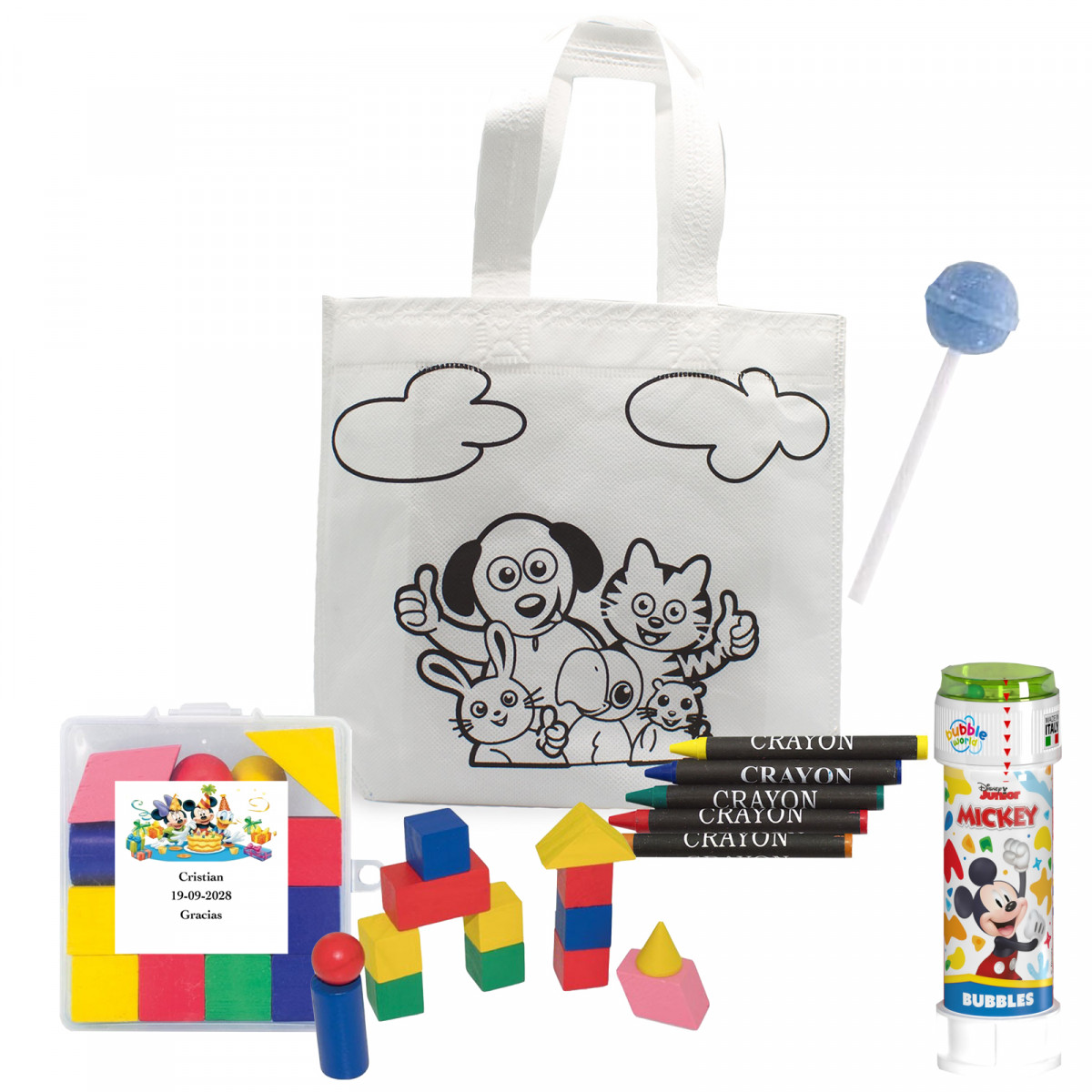 Puzzle géométrique Disney avec pompe à bulles et sac à colorier