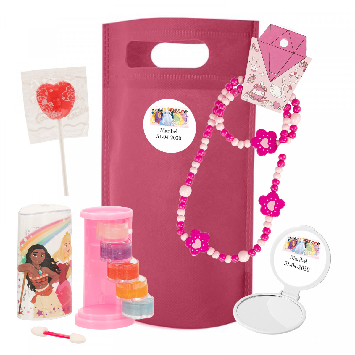 Princesses Disney sac fuchsia avec des détails pour les invitées et un bonbon