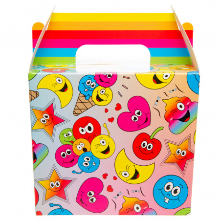 Emojis boîte cadeau pour invités avec jeux, autocollants et friandises.