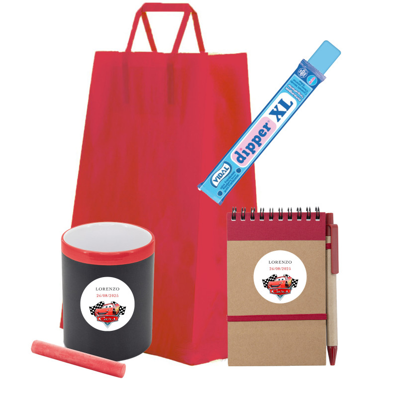 Pack de voitures avec un crayon tableau et de la craie, un carnet recyclé avec un stylo personnalisable et un dipper XL goût