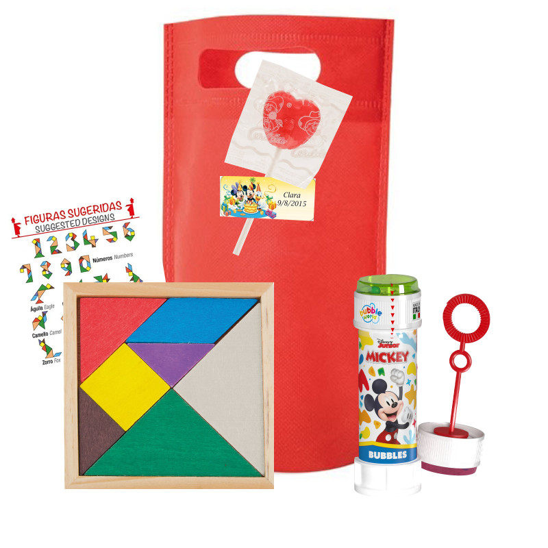 Pack Disney avec tangram en bois, flacon de bulles Mickey 60 ml assorti et sucette cœur à la fraise. Sac rouge non tissé