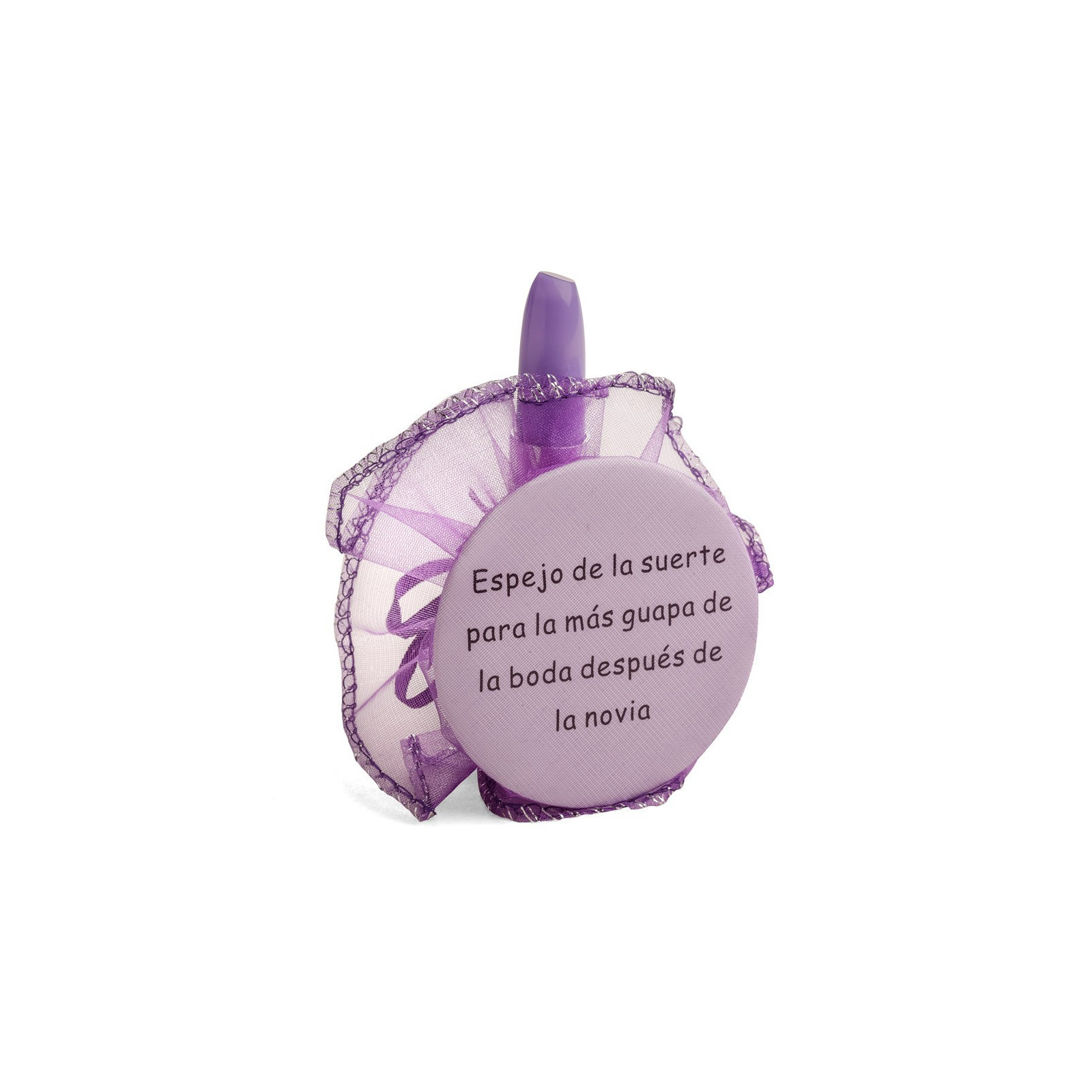 Détails de mariage miroir avec phrase et stylo rouge à lèvres dans un sac en organza