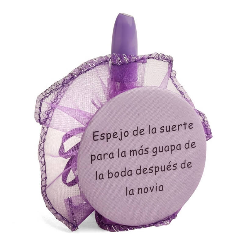 Détails de mariage miroir avec phrase et stylo rouge à lèvres dans un sac en organza