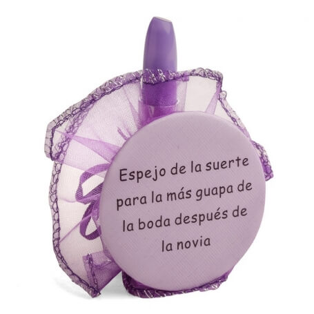 Miroir de mariage avec phrase et stylo à rouge à lèvres dans un sac en organza