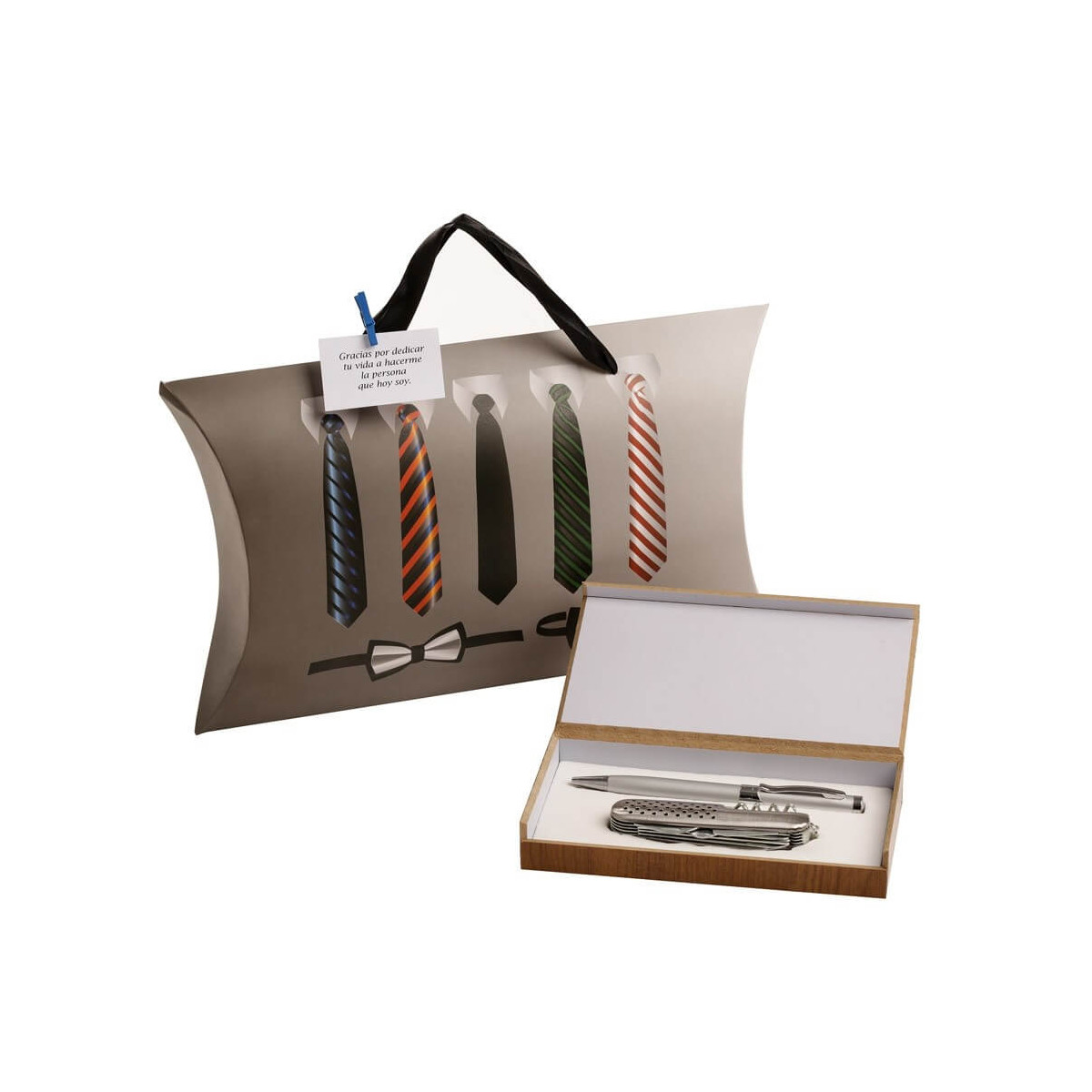 Couteau avec stylo dans une boîte en bois présenté dans une petite boîte en carton avec une carte de dédicace