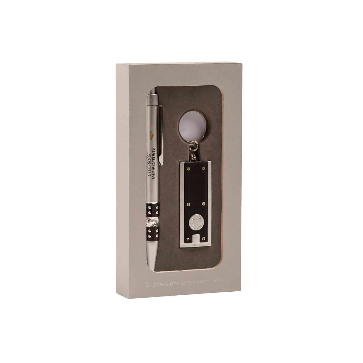 Lampe de poche avec stylo personnalisé dans une boîte en bois avec fenêtre