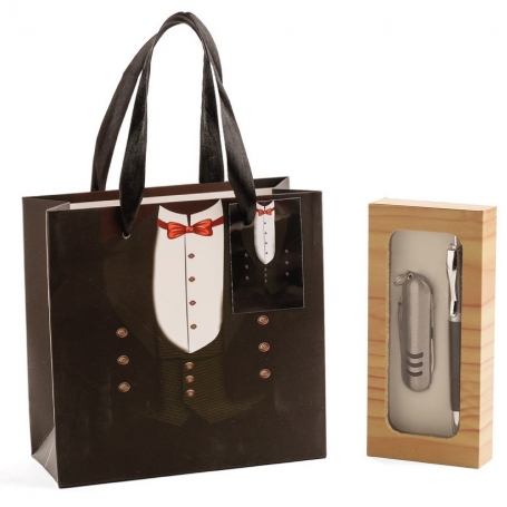 Couteau et stylo pour mariage présentés dans une boîte et un sac personnalisés