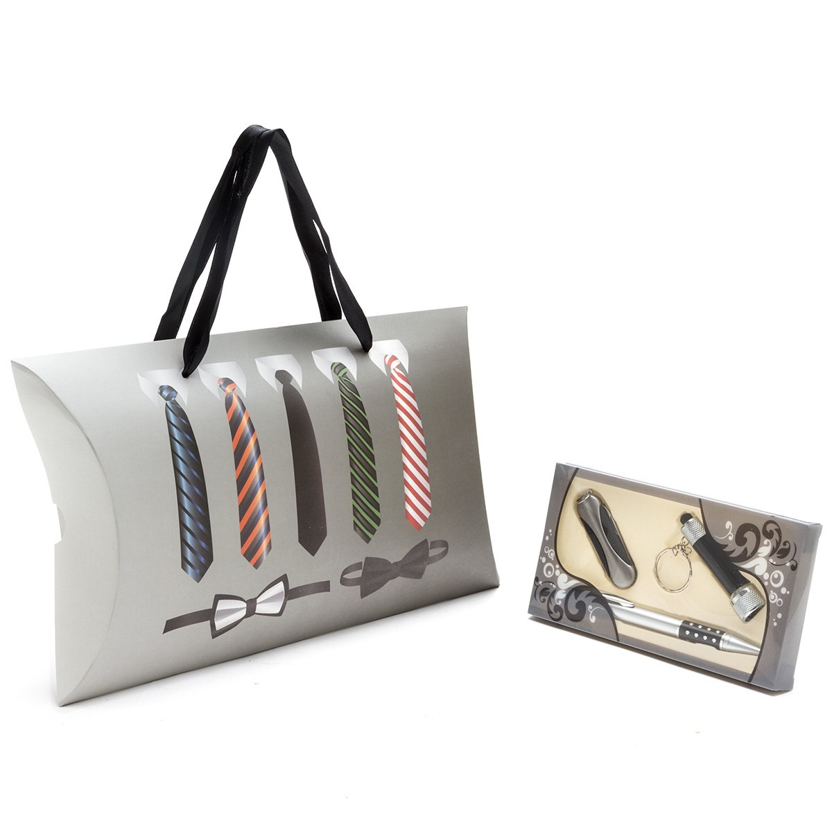 Couteau de poche, lampe de poche et porte-clés dans une belle boîte présentée dans une boîte en carton avec un design cravate