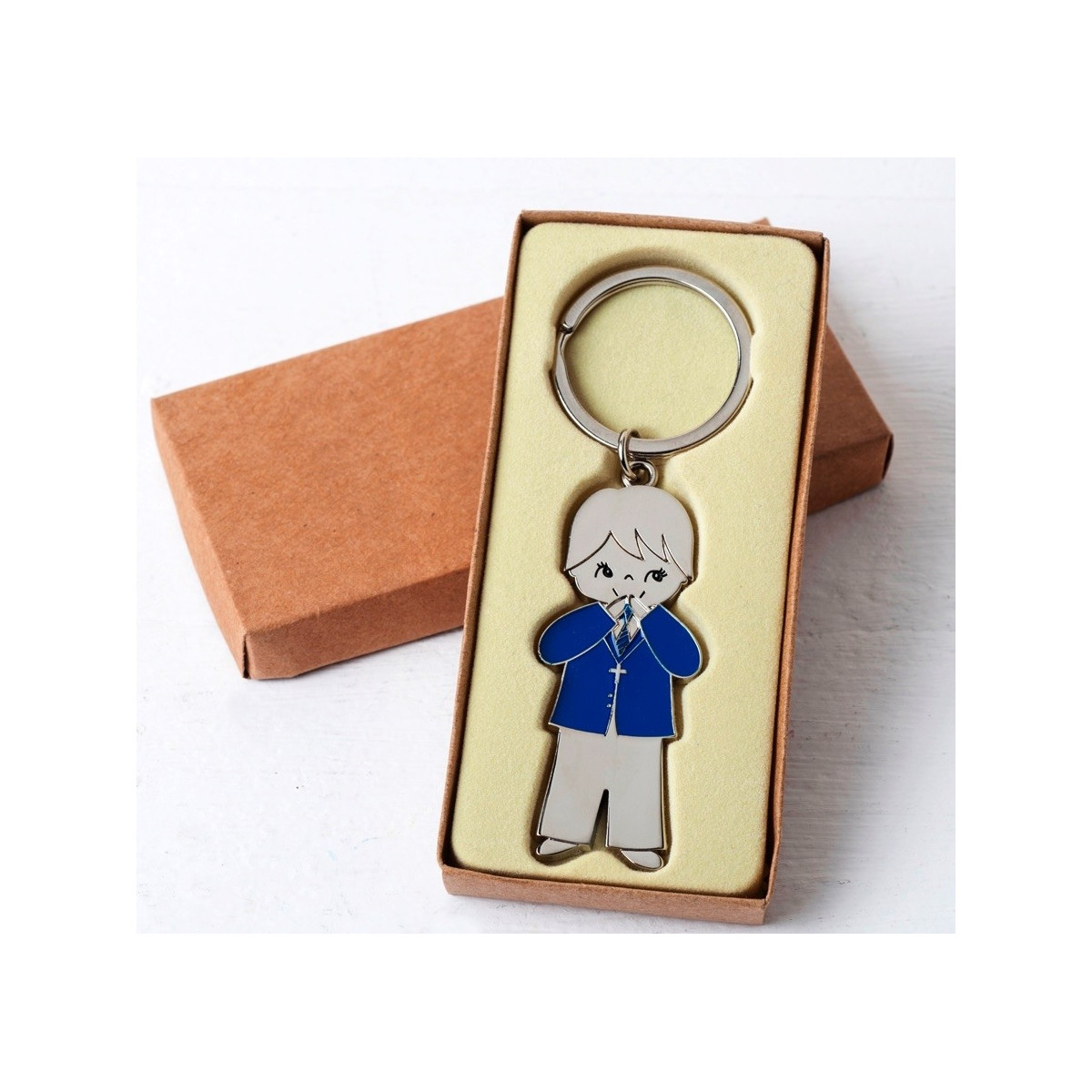 Porte-clé enfant communion veste bleue boîte en kraft