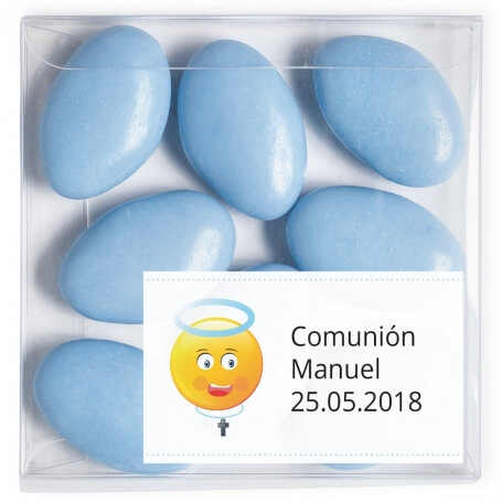 Peladillas dans une boîte en acétate personnalisée pour la date et le nom de la communion