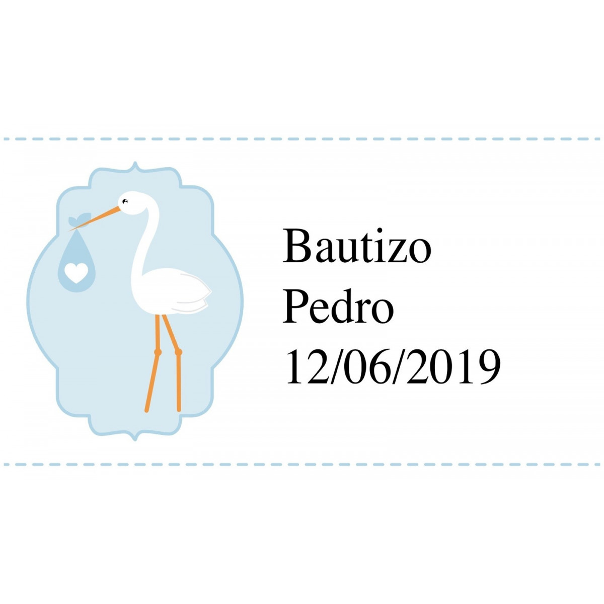 Autocollant de baptême en bleu ciel avec cigogne