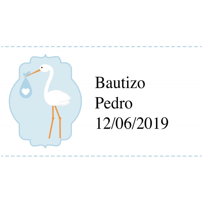 Autocollant de baptême en bleu ciel avec cigogne